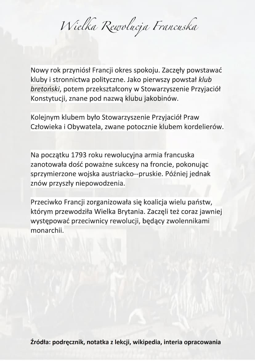 Wielka Rewolucja Francuska
We Francji w latach 1789-1799 doszło do głębokich zmian
polityczno-społecznych i obalenia monarchii Burbonów.
Za 
