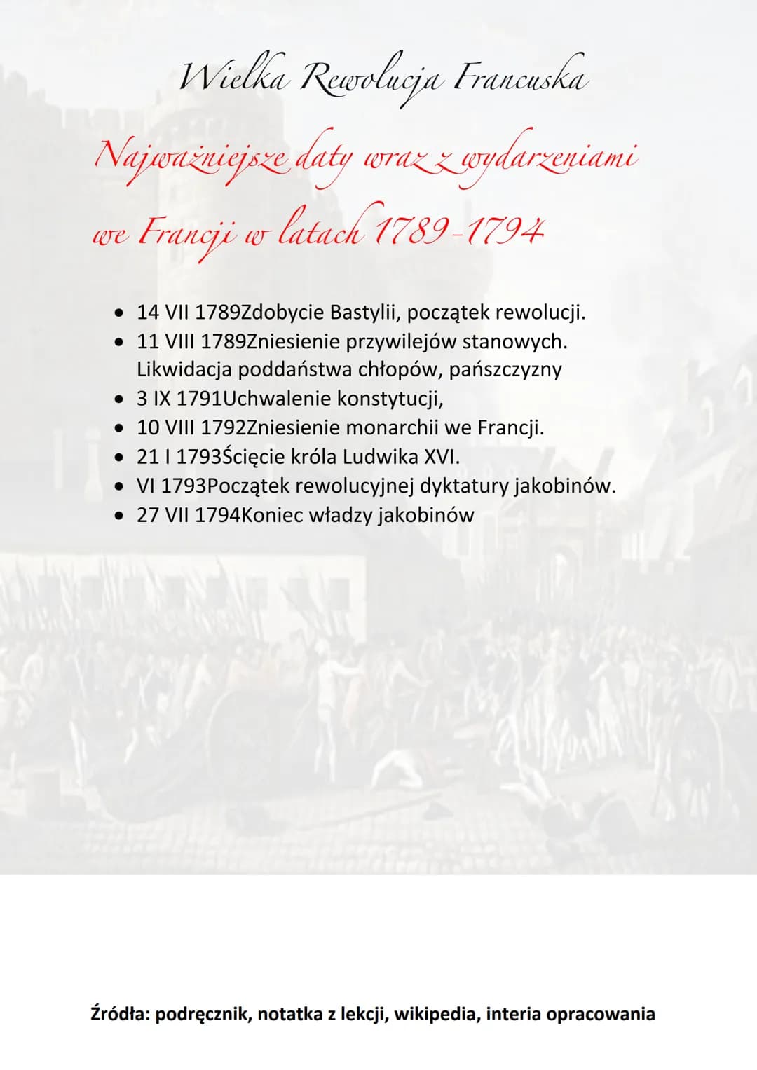 Wielka Rewolucja Francuska
We Francji w latach 1789-1799 doszło do głębokich zmian
polityczno-społecznych i obalenia monarchii Burbonów.
Za 