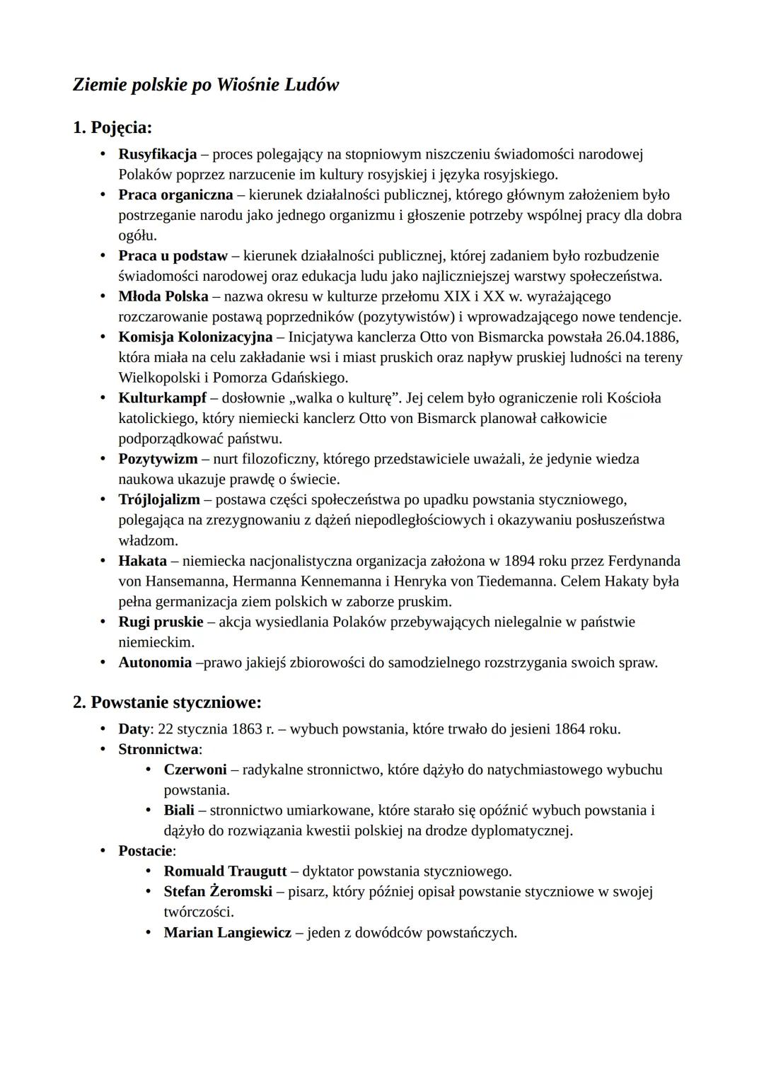 # Ziemie polskie po Wiośnie Ludów

1.  Pojęcia:

*   Rusyfikacja - proces polegający na stopniowym niszczeniu świadomości narodowej
    Pola