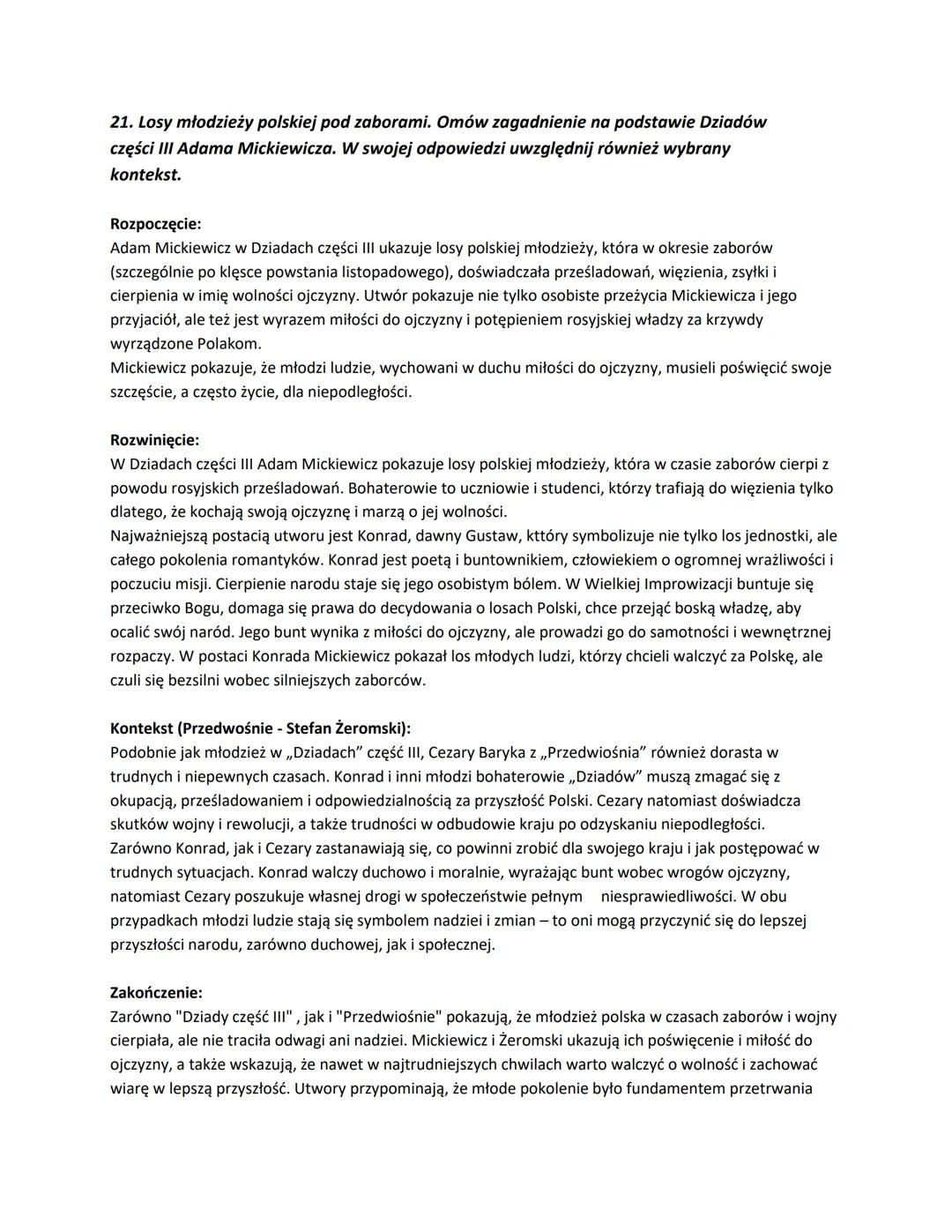 21. Losy młodzieży polskiej pod zaborami. Omów zagadnienie na podstawie Dziadów
części III Adama Mickiewicza. W swojej odpowiedzi uwzględnij