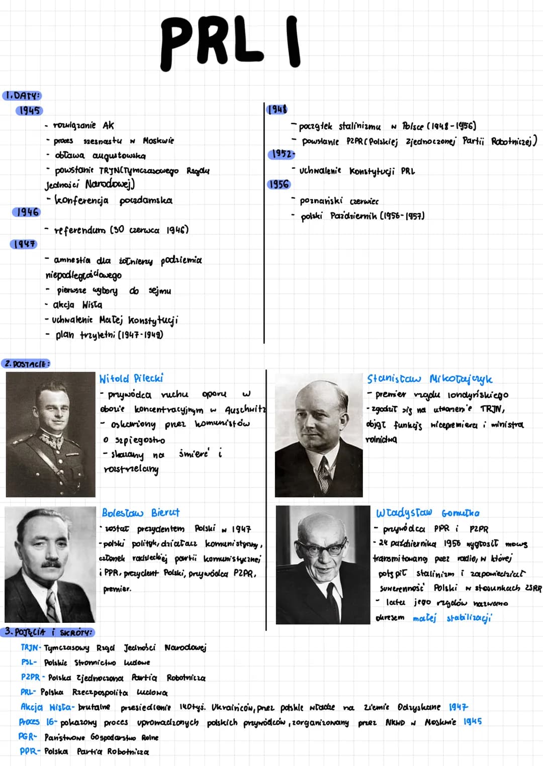 1.DATY:
1945
1946
1947
rozwiązanie Ak
- proces szesnastu w Moskwie
obława augustowską
powstanie TRYN(Tymczasowego Rigdy
Jedności Narodowej)
