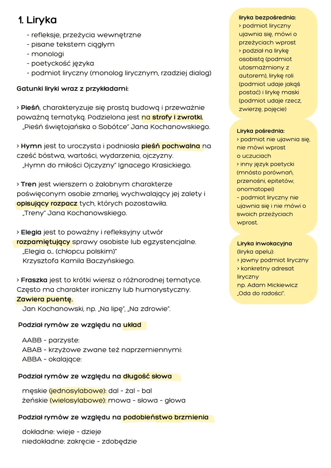 1. Liryka
- refleksje, przeżycia wewnętrzne
- pisane tekstem ciągłym
monologi
poetyckość języka
- podmiot liryczny (monolog lirycznym, rzadz
