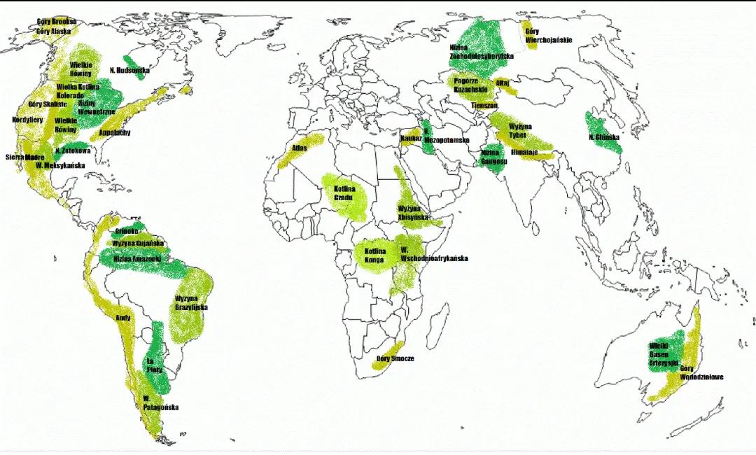 Krainy geograficzne świata: wyżyny, niziny, góry na mapie