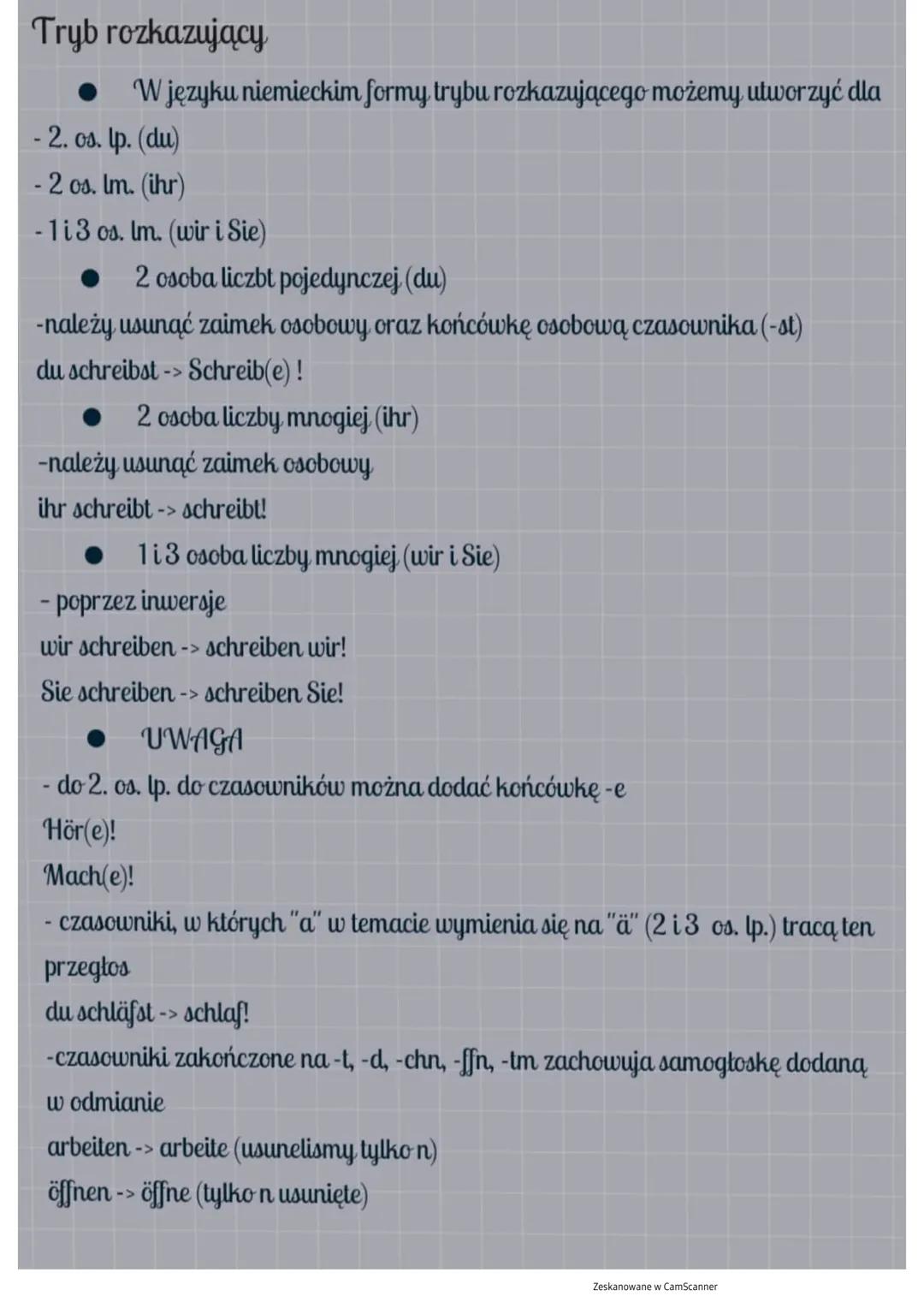 Tryb rozkazujący
W języku niemieckim formy trybu rozkazującego możemy utworzyć dla
- 2. os. lp. (du)
- 2 os. lm. (ihr)
- 1 i 3 os. lm. (wir 