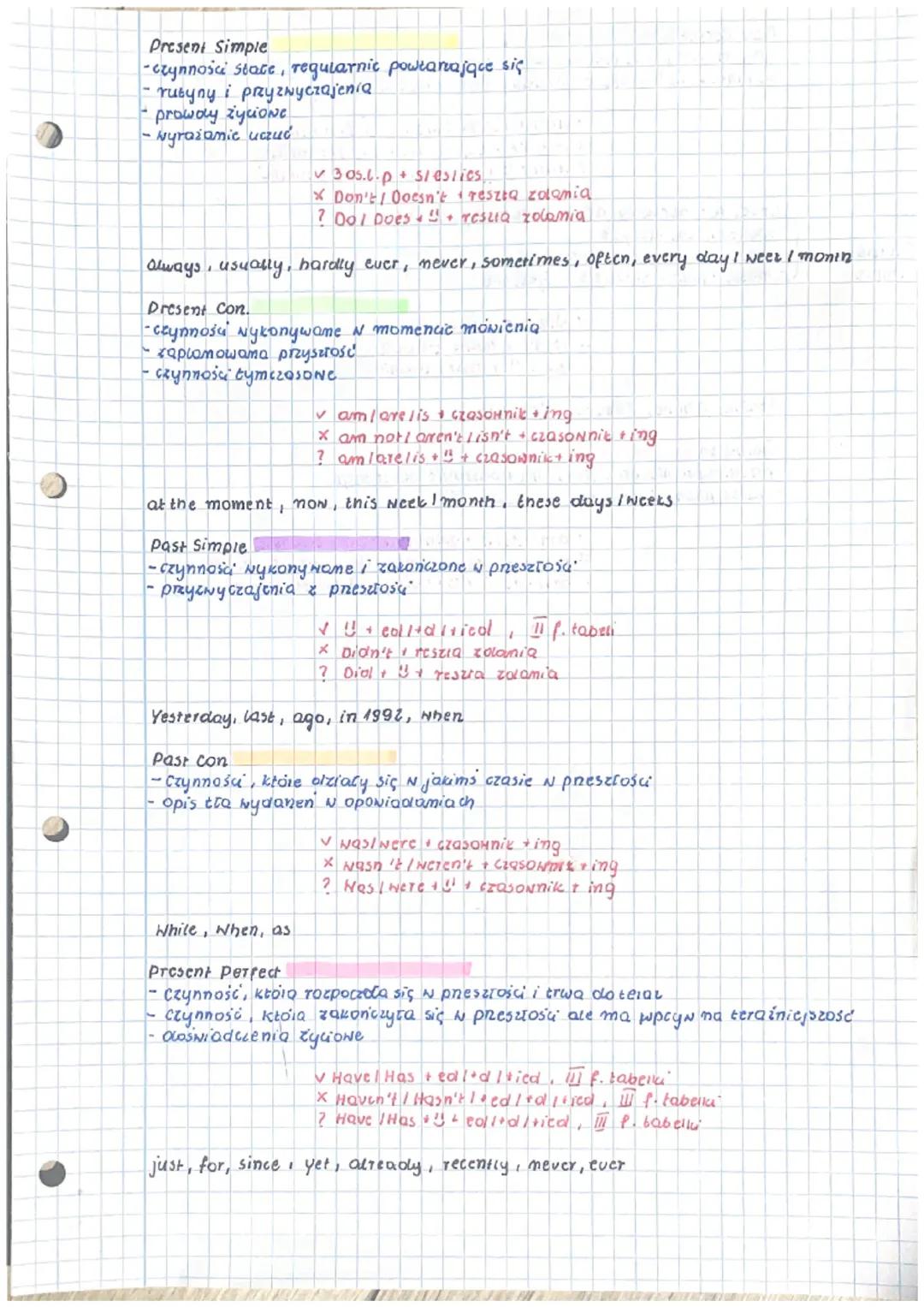 Present Simple
-czynności state, regularnic powłaniające się
-rutyny i przyzwyczajenia
-prowdy życione
-wyrażamic uczuć

✔ 305.l.p + s/estic