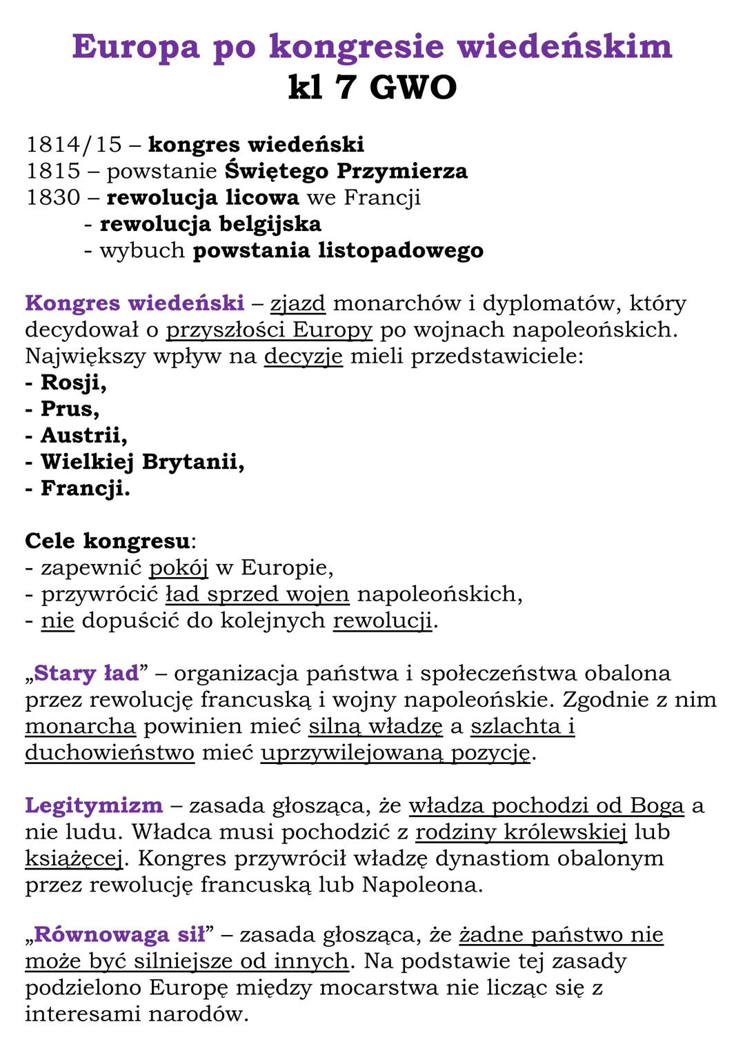 Europa po kongresie wiedeńskim
kl 7 GWO
1814/15 - kongres wiedeński
1815 – powstanie Świętego Przymierza
1830 – rewolucja licowa we Francji
