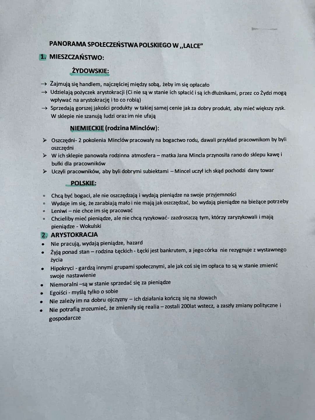 PANORAMA SPOŁECZEŃSTWA POLSKIEGO W ,,LALCE"
1. MIESZCZAŃSTWO:
ŻYDOWSKIE:
→ Zajmują się handlem, najczęściej między sobą, żeby im się opłacał