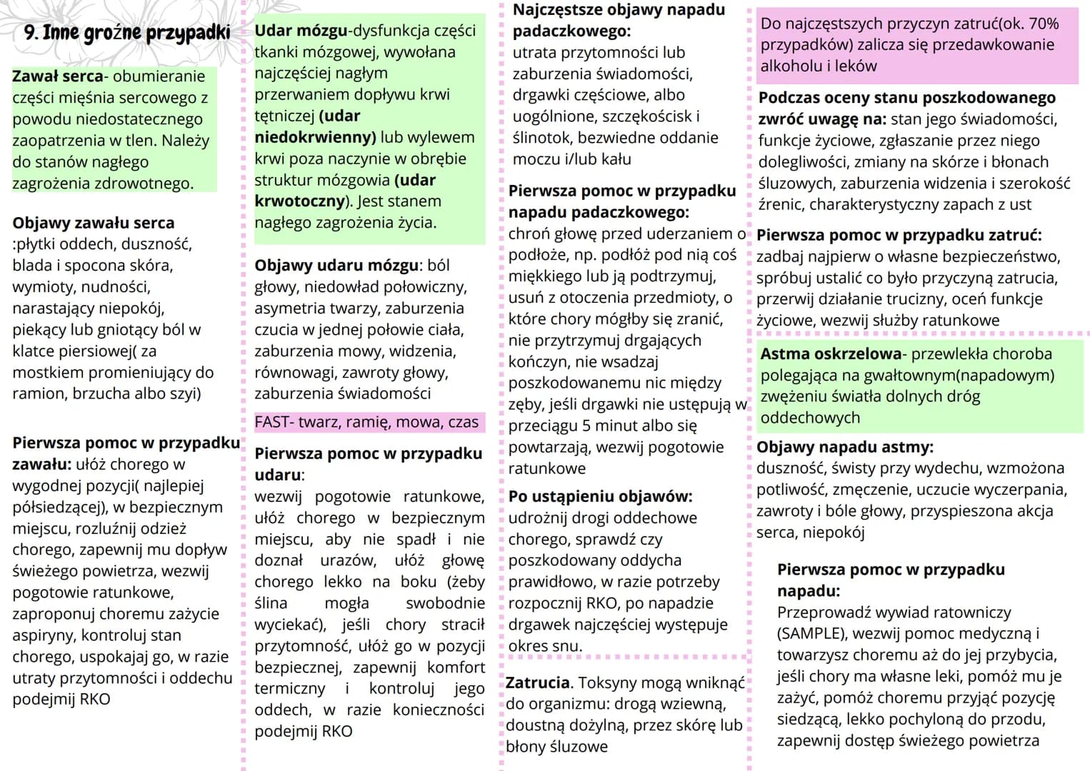 9. Inne groźne przypadki Udar mózgu-dysfunkcja części
tkanki mózgowej, wywołana
najczęściej nagłym
przerwaniem dopływu krwi
tętniczej (udar
