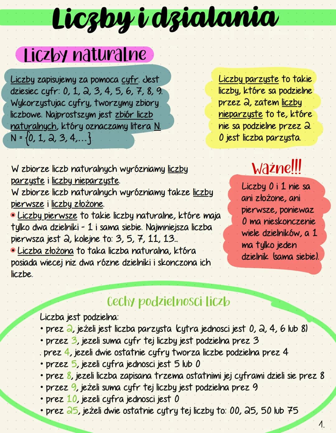 Liczby i dzialania
Liczby naturalne
Liczby zapisujemy za pomoca cyfr. Jest
dziesiec cyfr: 0, 1, 2, 3, 4, 5, 6, 7, 8, 9.
Wykorzystujac cyfry,