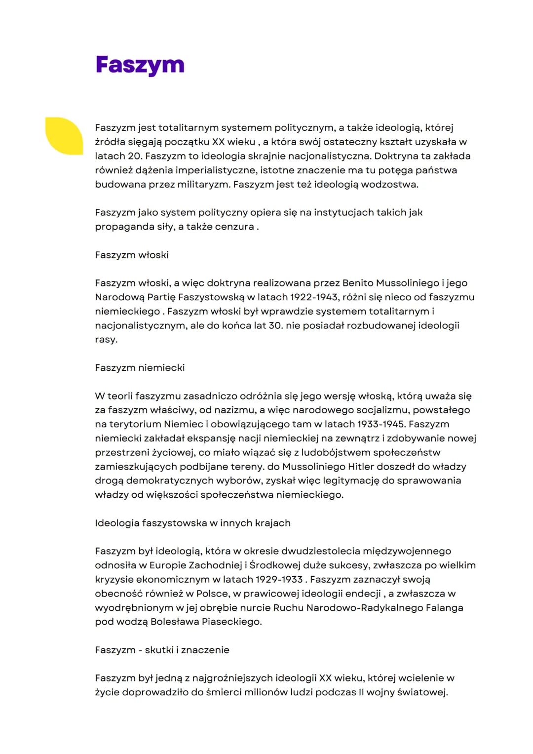 Faszym
Faszyzm jest totalitarnym systemem politycznym, a także ideologią, której
źródła sięgają początku XX wieku, a która swój ostateczny k