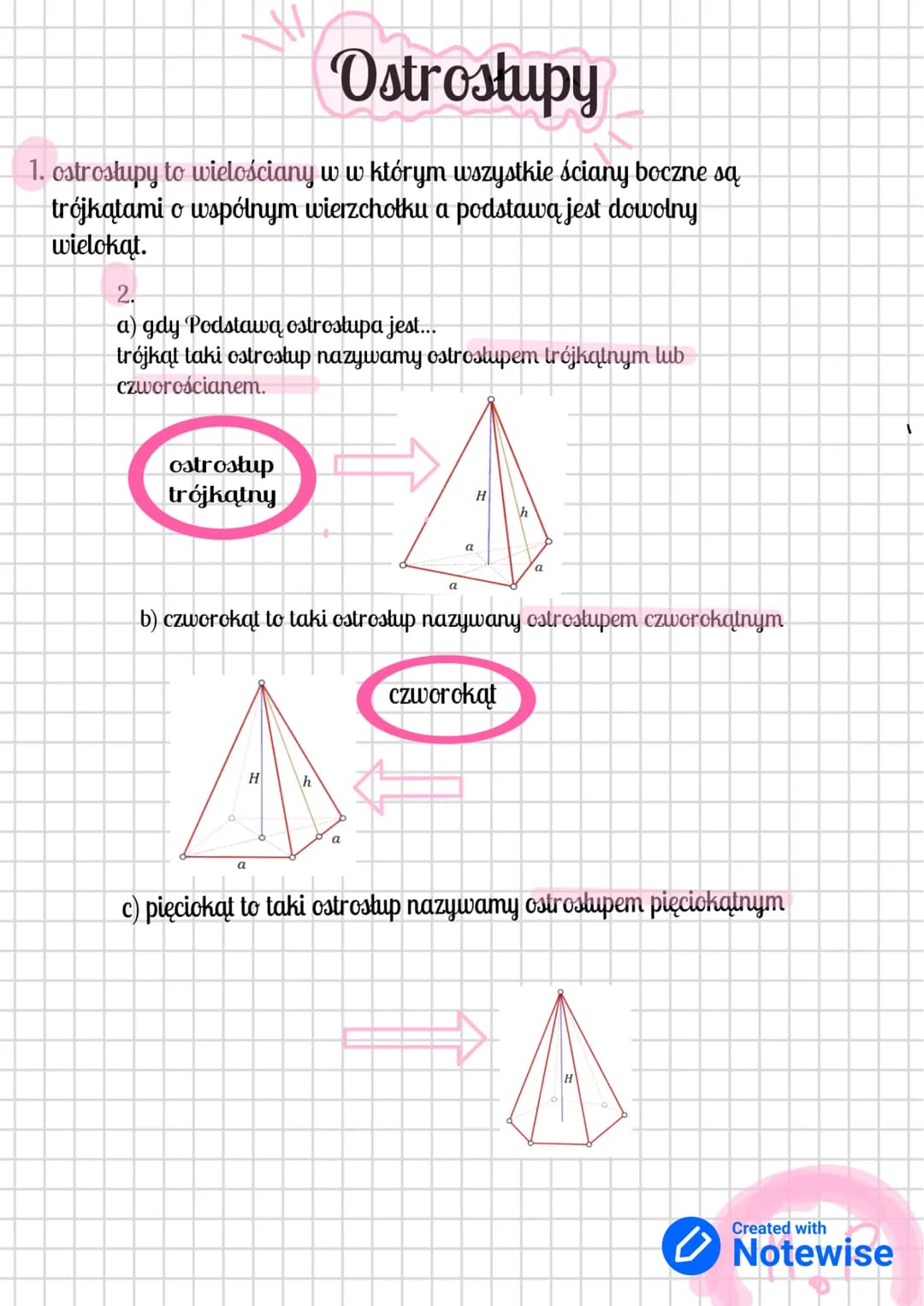 Ostrostupy
1. ostrostupy to wielościany w w którym wszystkie ściany boczne są
trójkątami o wspólnym wierzchołku a podstawą jest dowolny
wiel