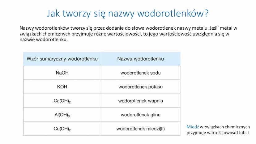 Wodorotlenki
o
NaOH R
Wodorotlenki - to związki o budowie
jonowej, w których skład wchodzą kationy
metalu i aniony wodorotlenkowe.
Zapamięta