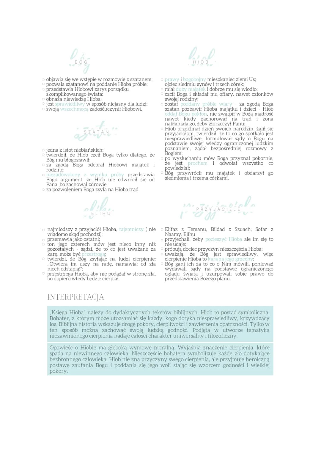 Księga Hioba
BOHATEROWIE
o Hiob
o przyjaciel Hioba
o Bóg
o Szatan
CZAS I MIEJSCE AKCJI
o Brak tła historycznego.
Akcja rozgrywa się
w kraini