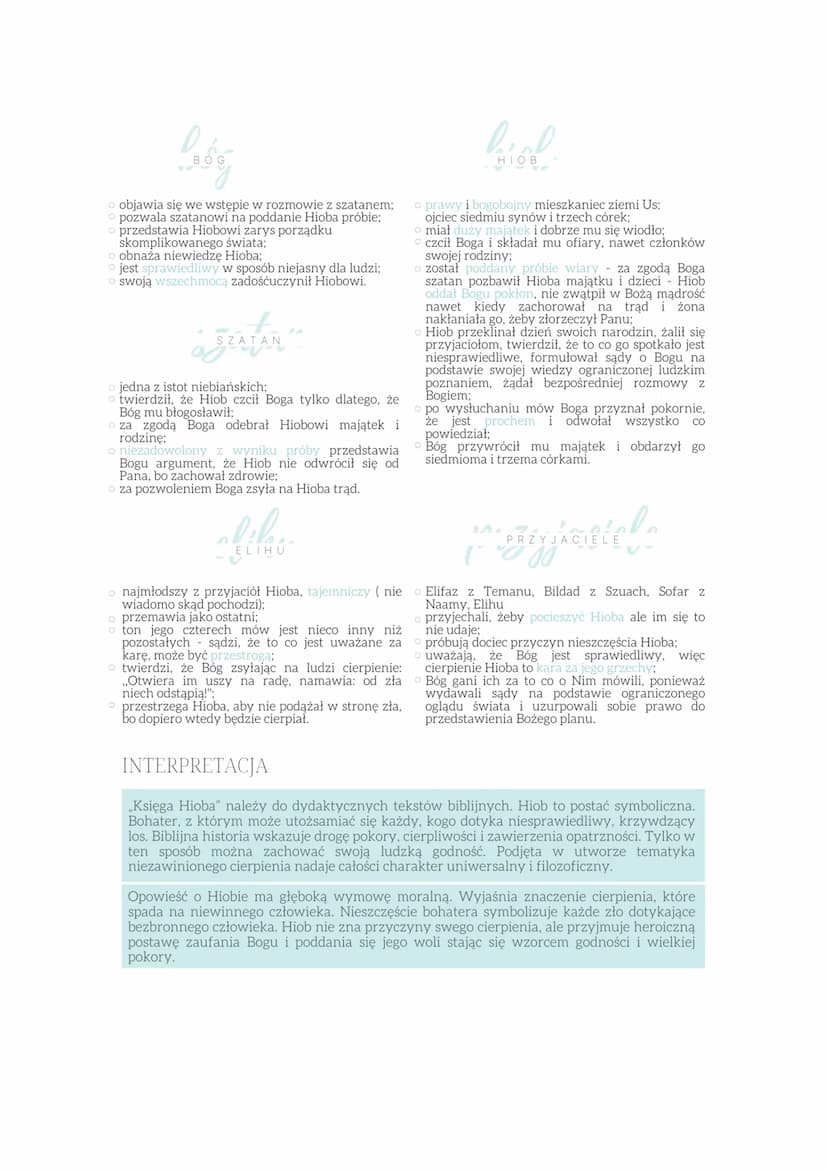 Księga Hioba
BOHATEROWIE
o Hiob
o przyjaciel Hioba
o Bóg
o Szatan
CZAS I MIEJSCE AKCJI
o Brak tła historycznego.
Akcja rozgrywa się
w kraini
