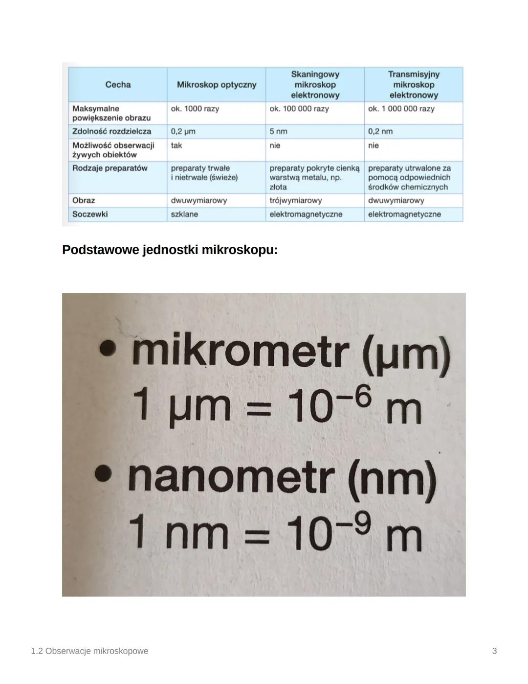 1.2 Obserwacje mikroskopowe
Cechy mikroskopów:
powiększanie - stosunek rozmiaru obiektu do rzeczywistej wielkości
• zdolność rozdzielcza - z