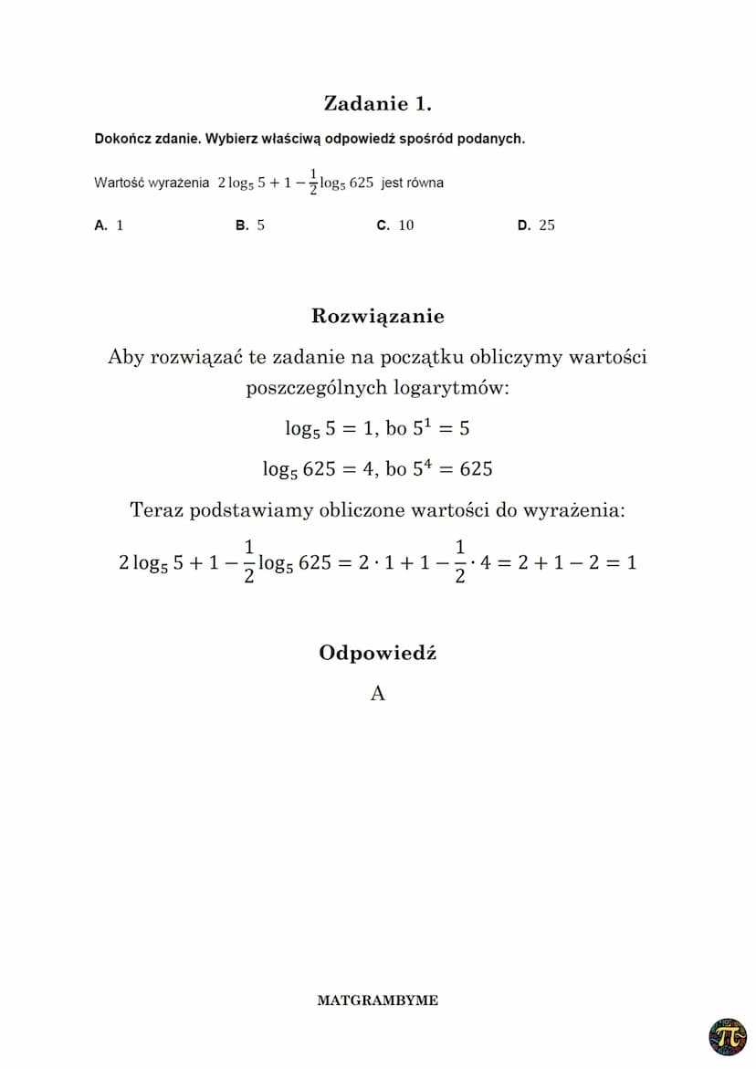 LOGARYTMY
0
Logarytmem loga b liczby b > 0 przy podstawie a > 0i a
nazywamy wykładnik c potęgi, do której należy podnieść a,
aby otrzymać b: