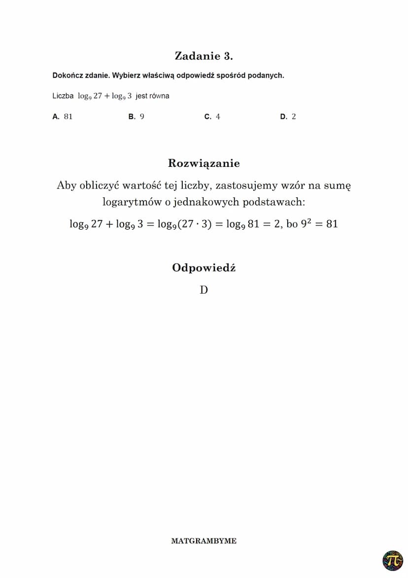 LOGARYTMY
0
Logarytmem loga b liczby b > 0 przy podstawie a > 0i a
nazywamy wykładnik c potęgi, do której należy podnieść a,
aby otrzymać b:
