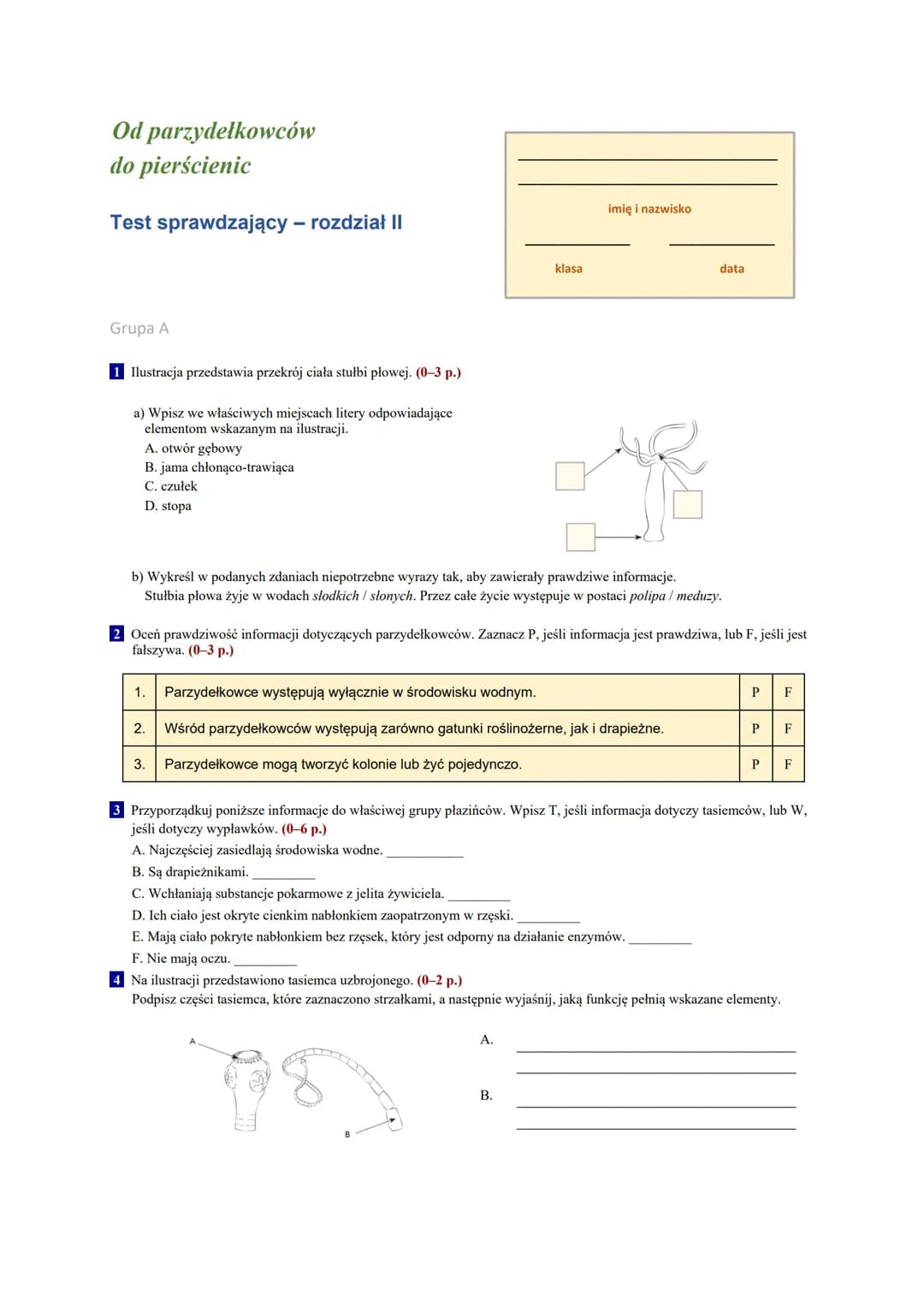 Test Z Biologii Klasa 6 Dział 3 Proste wyjaśnienie: Test z biologii klasa 6 dział 2 - od parzydełkowców