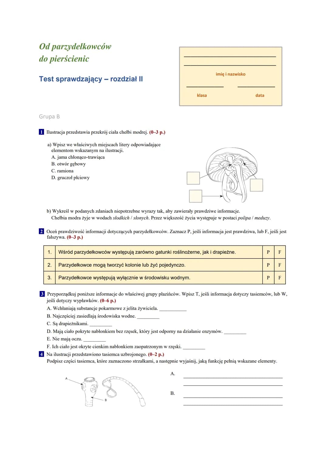 Od parzydełkowców
do pierścienic
Test sprawdzający - rozdział II
Grupa A
Ilustracja przedstawia przekrój ciała stulbi płowej. (0-3 p.)
a) Wp