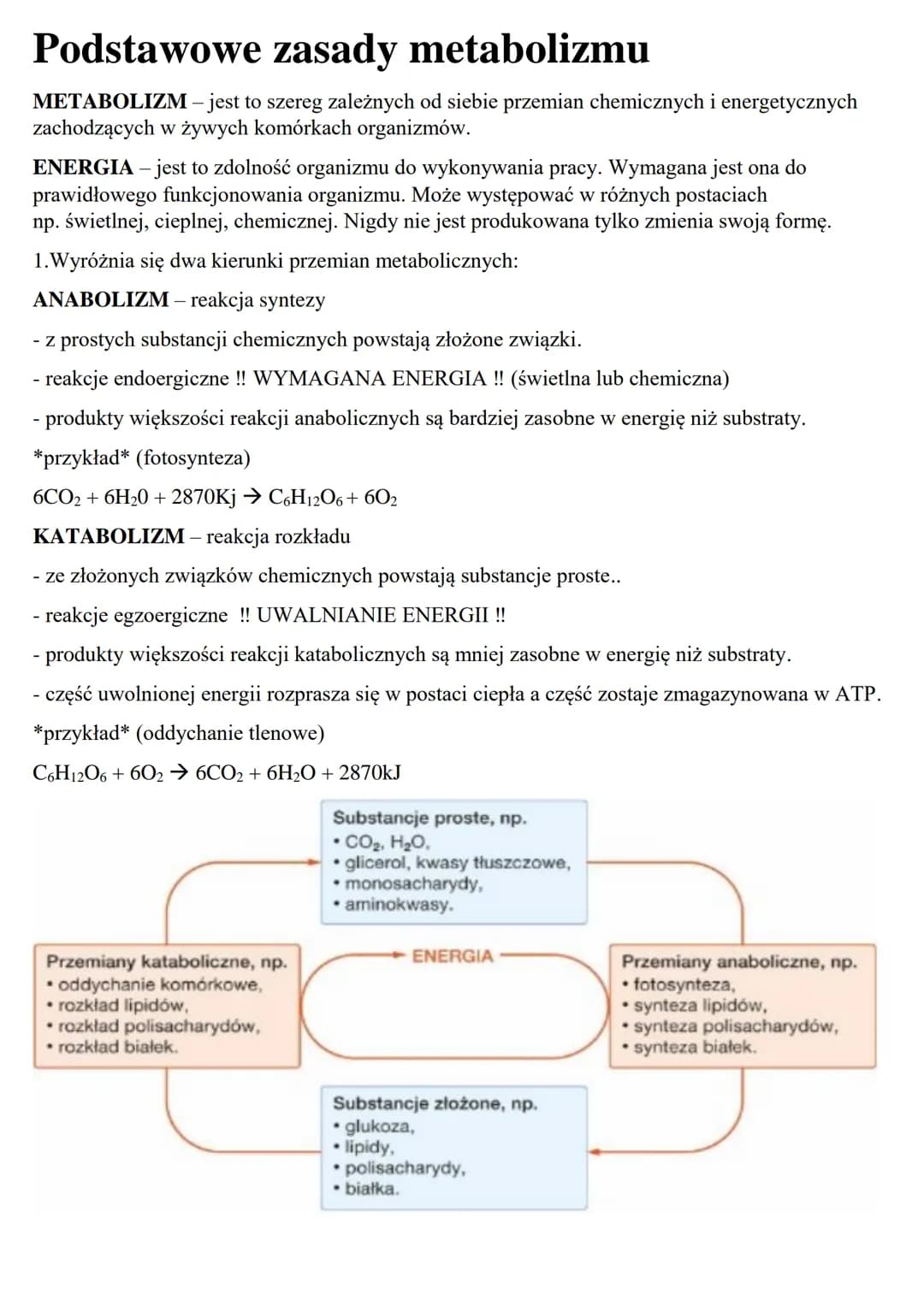 Podstawowe zasady metabolizmu
METABOLIZM – jest to szereg zależnych od siebie przemian chemicznych i energetycznych
zachodzących w żywych ko
