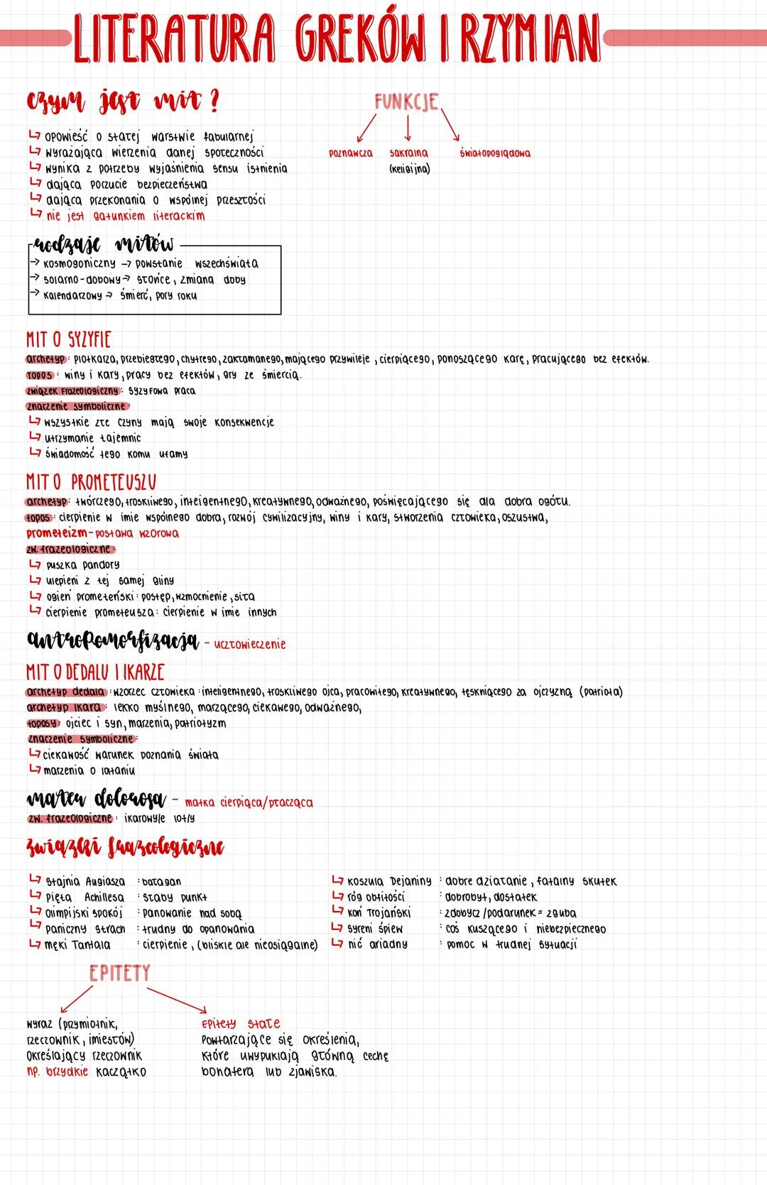 LITERATURA GREKÓW I RZYMIAN
czym jest mit?
L7 Opowieść o starej warstwie fabularnej
L7 wyrażająca wierzenia danej spoteczności
L7 wynika z p