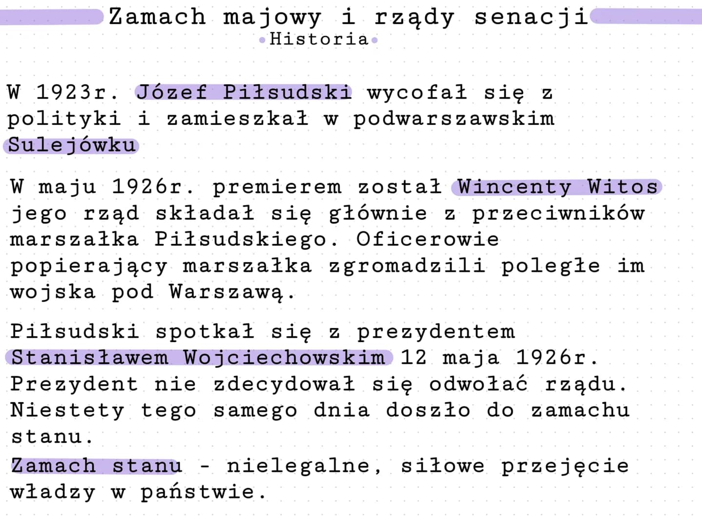 Zamach majowy i rządy senacji
Historia.
W 1923r. Józef Piłsudski wycofał się z
i zamieszkał w podwarszawskim
polityki
Sulejówku
W maju 1926r