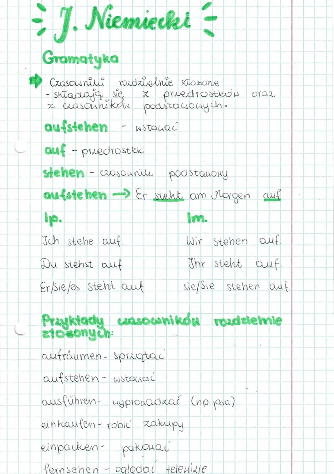 # J. Niemiecki =

Gramatyka

Czasownili rozdzielnie xiszone

- składają się, x proedrostków oraz
x czasowników pocustawowych.

aufstehen - w