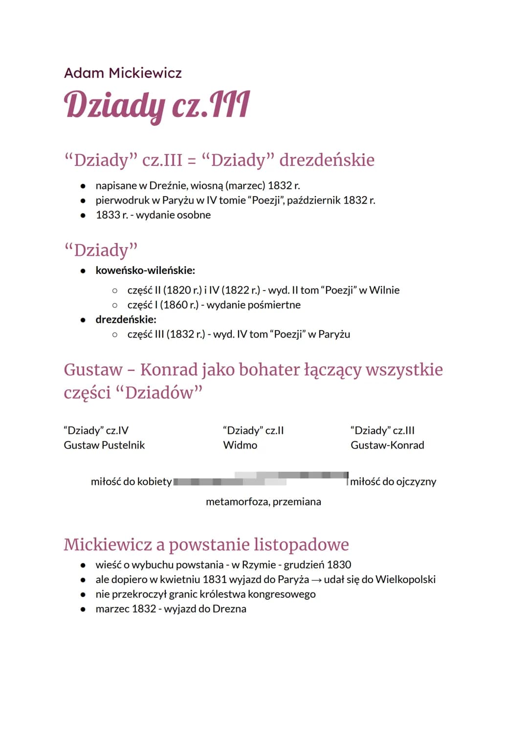 Adam Mickiewicz
Dziady cz.111
"Dziady" cz.III = "Dziady" drezdeńskie
• napisane w Dreźnie, wiosną (marzec) 1832 r.
• pierwodruk w Paryżu w I