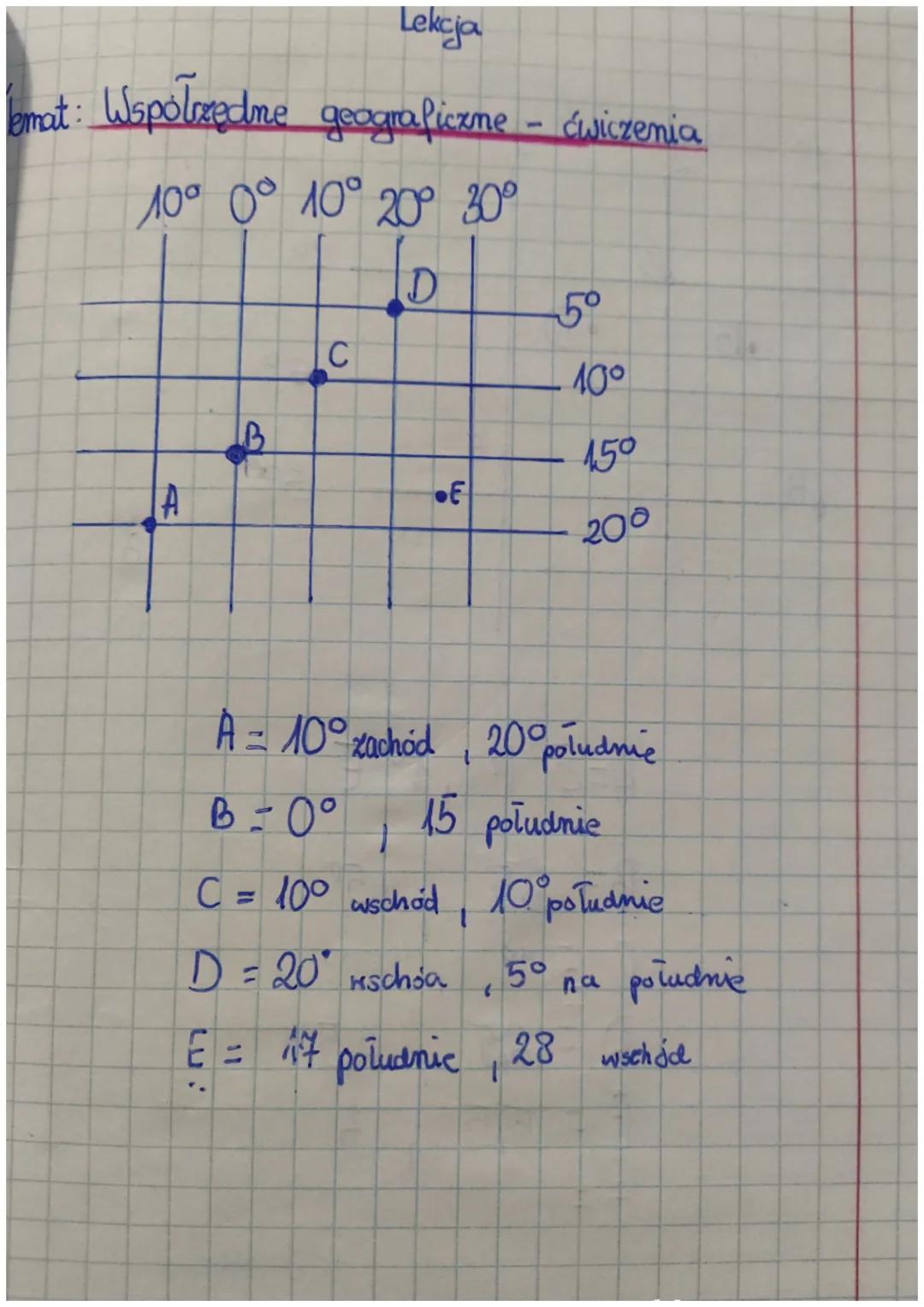 Lekcja
emat: Współrzędne geograficzne - ćwiczenia
10° 0° 10° 20° 30°
D
A
LB
C
E
5°
10°
150
200
A = 10° zachód
B = 0°
15 poludnie
C = 10° wsc