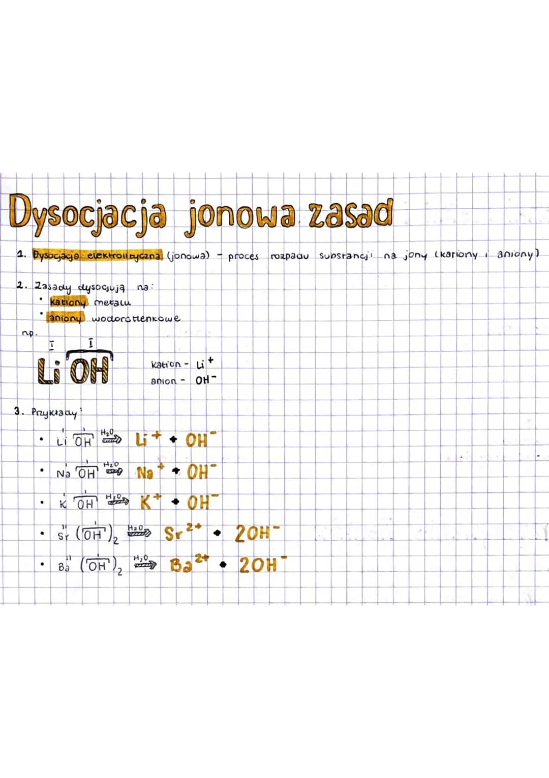 Dysocjacja jonowa zasad
1. Dysocjacja elektrolityczna (jonowa) proces rozpadu substancji na jony (kationy i aniony)
2. Zasady dysocjują na:
