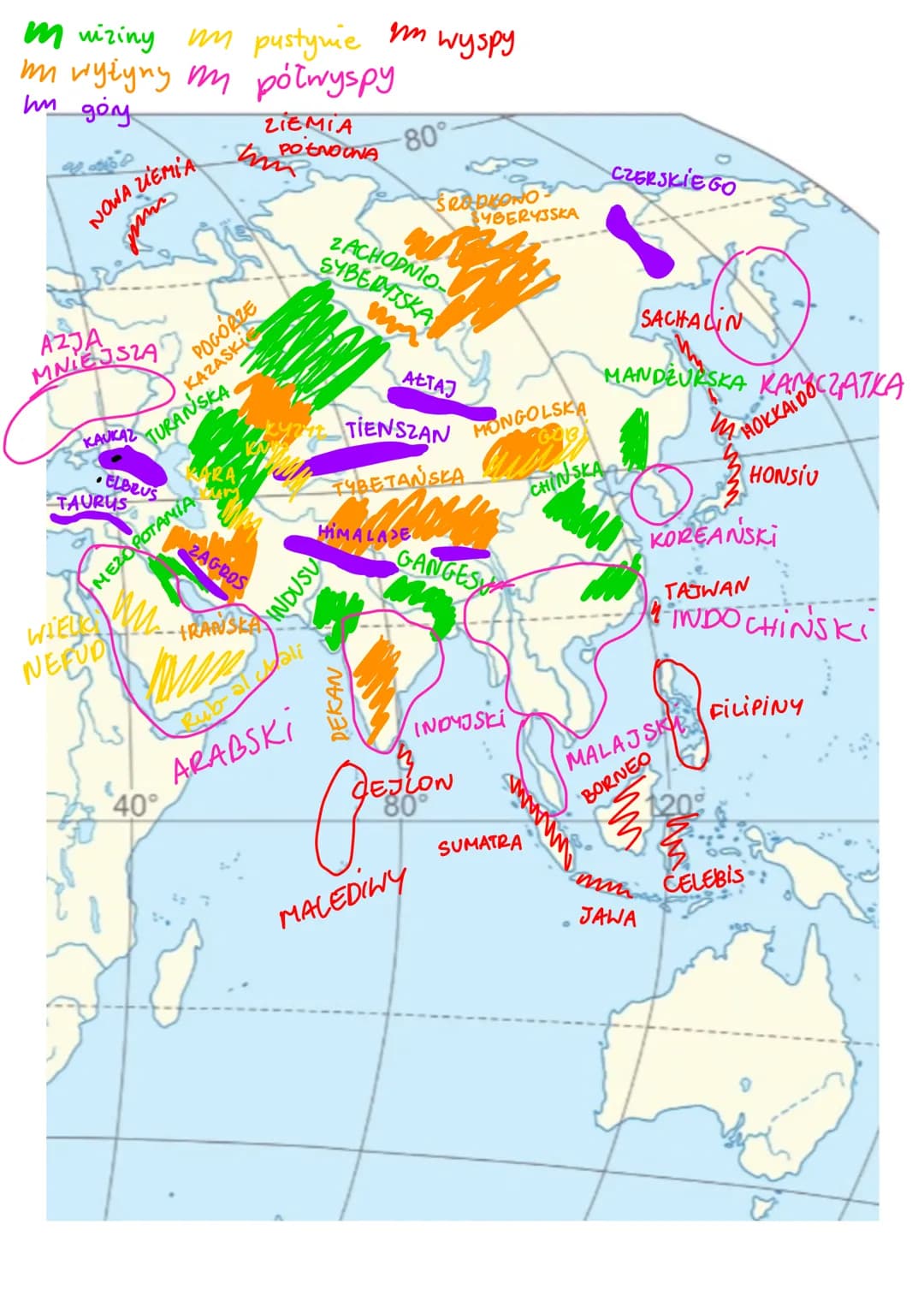 mwizing m pustynie m wyspy
m wyżyny my półwyspy
um góry
NOWA ZEMIA
jum
AZJA
MNIEJSZA
KAUKAZ
TAURUS
ELBRUS
WIEL
NEFUD
TURANSK
40°
POGORZE
KAZ