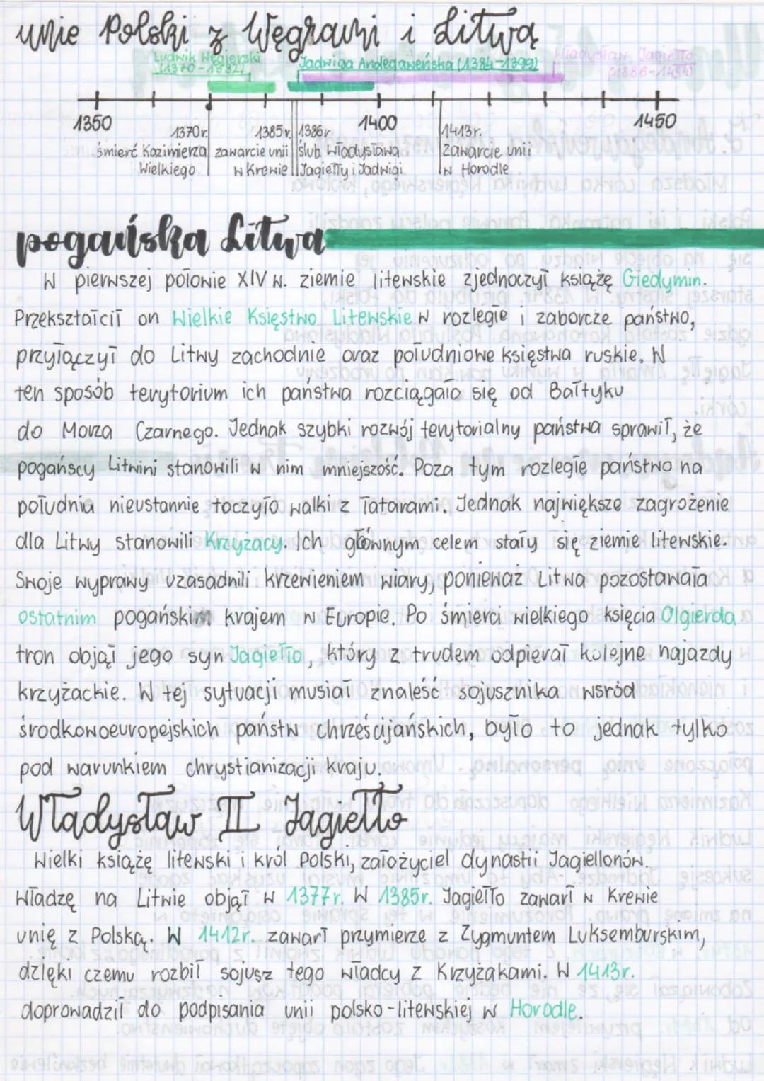 # unie Polski z Węgrami i Litwa

++

14370-

1370

Jadwiga Andeganeńska (1384-1399)

+

1400

+

1413r.

1350

1385 1386

Śmierć Kozimierza 