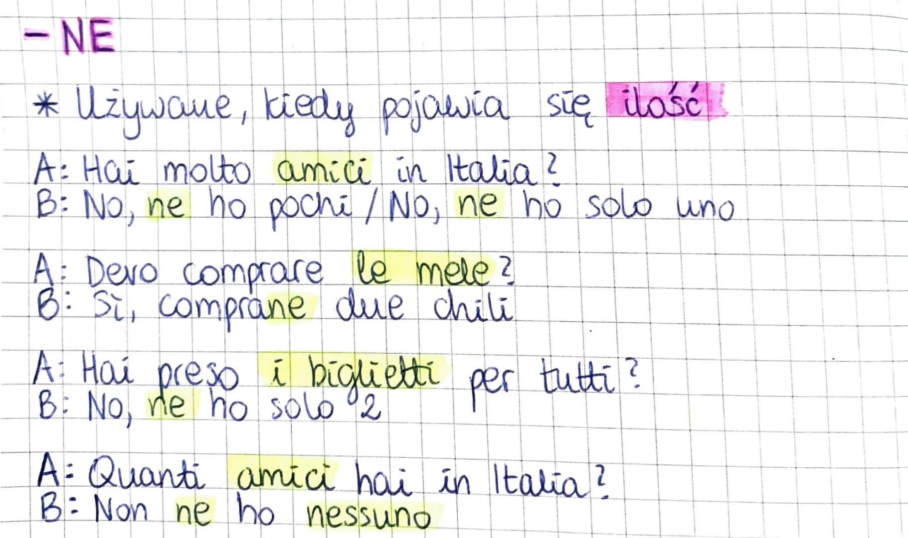 -NE
*
Używane, kiedy pojawia się ilość:
A: Hai molto amici in Italia ?
B: No, ne ho pochi / No, ne ho solo uno
A: Devo comprare le mele?
B: 
