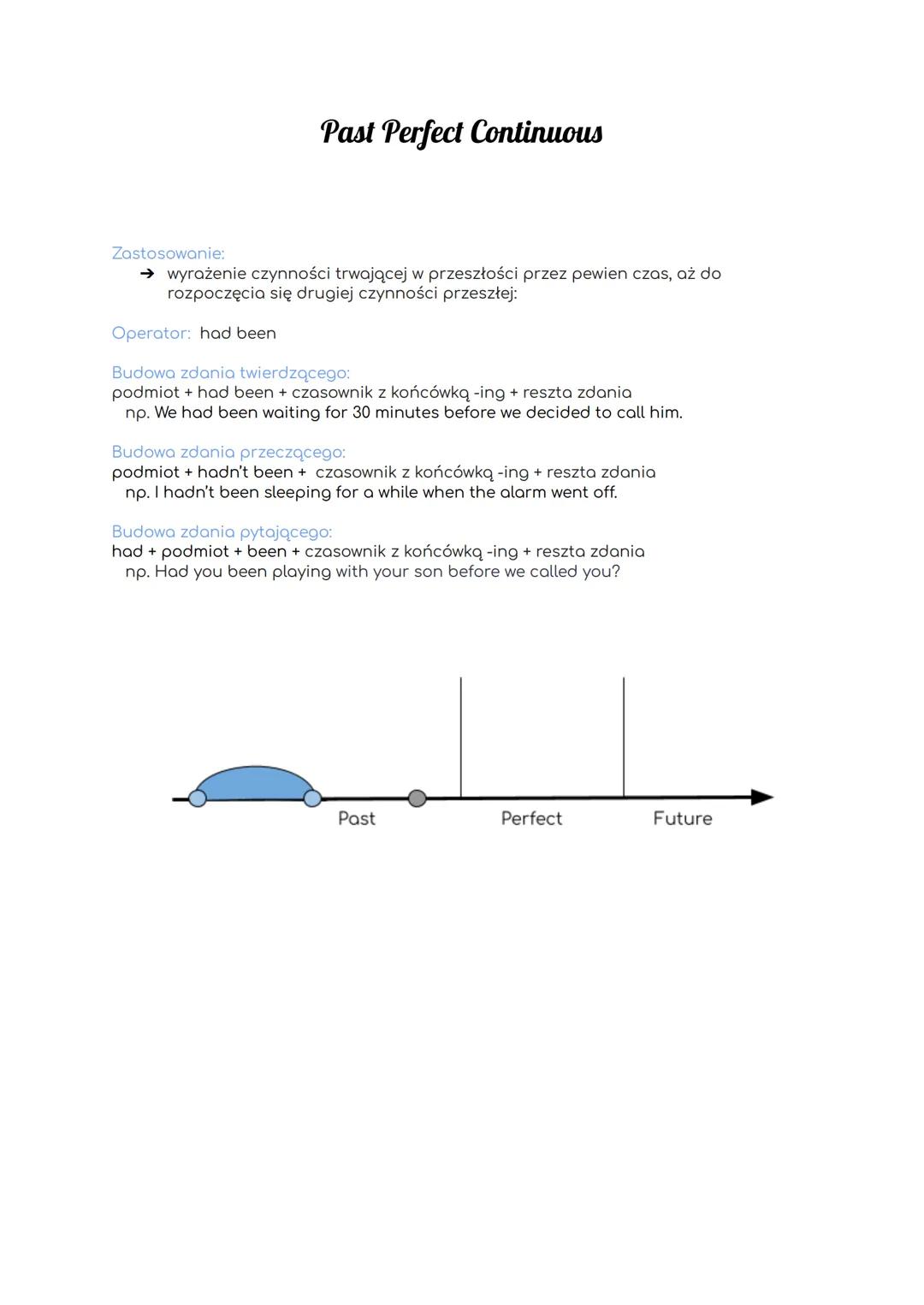 Past Perfect Continuous
Zastosowanie:
→ wyrażenie czynności trwającej w przeszłości przez pewien czas, aż do
rozpoczęcia się drugiej czynnoś