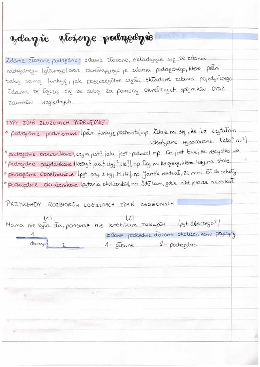 zdania złożone
Zdanie złożone
zdanie, ktere ma więcej niż jedno oreczenie, a tym
Samym co najmniej dwa zdania składone, np.
Ponieważ źle się