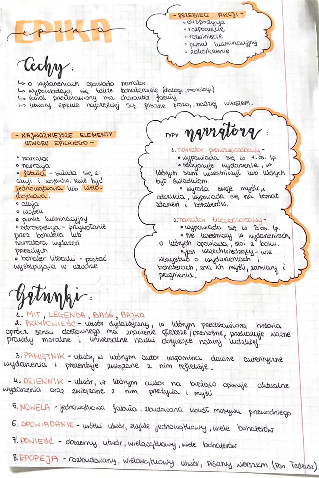 epika
Cechy:
L> o wydaneniach opowiada narrator
↳ wypowiadajor się także bohaterowie (dialogi, monologi)
L> świat predstawiony ma charakter 