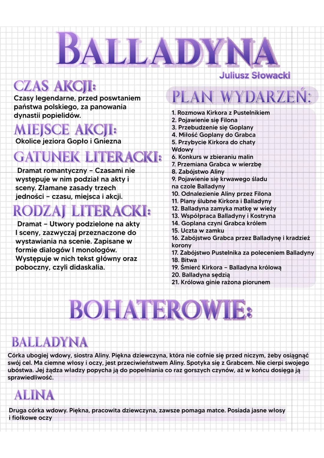 BALLADYNA
Juliusz Słowacki
PLAN WYDARZEŃ:
1. Rozmowa Kirkora z Pustelnikiem
2. Pojawienie się Filona
3. Przebudzenie się Goplany
4. Miłość G