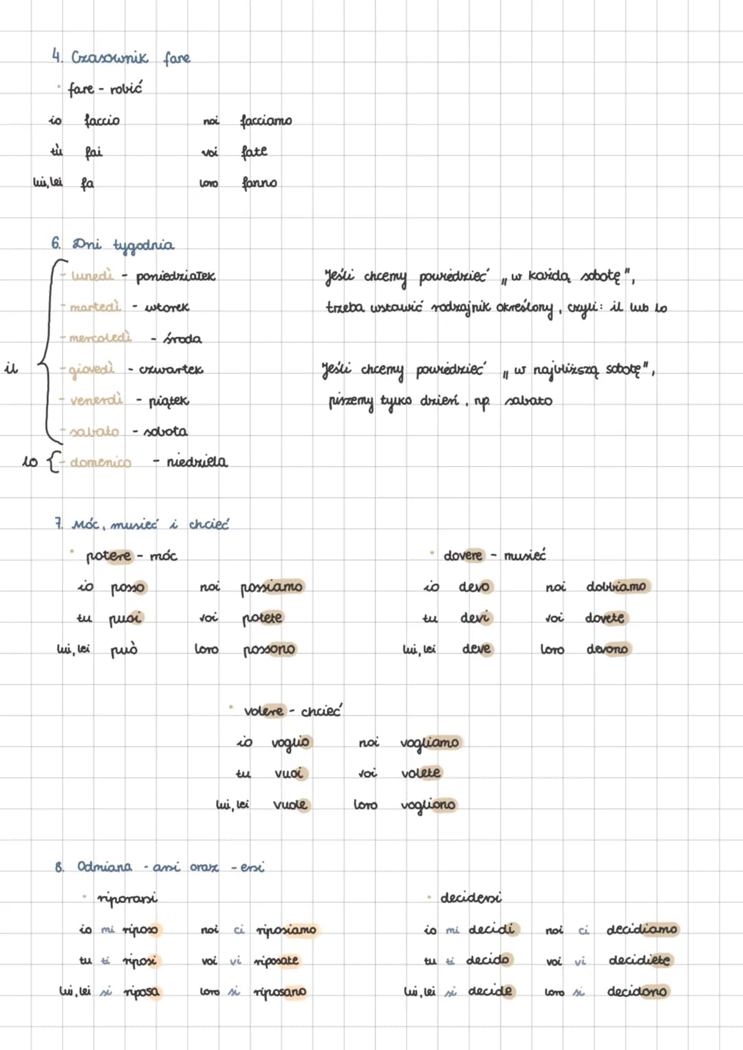 Włoski gramatyka
A che ora iniziamo? - o której zaczynamy
11.
koniugacja - ere
scrivere - pisać
is scrivo
tu scrivi
lui, lei scrive
...
noi 