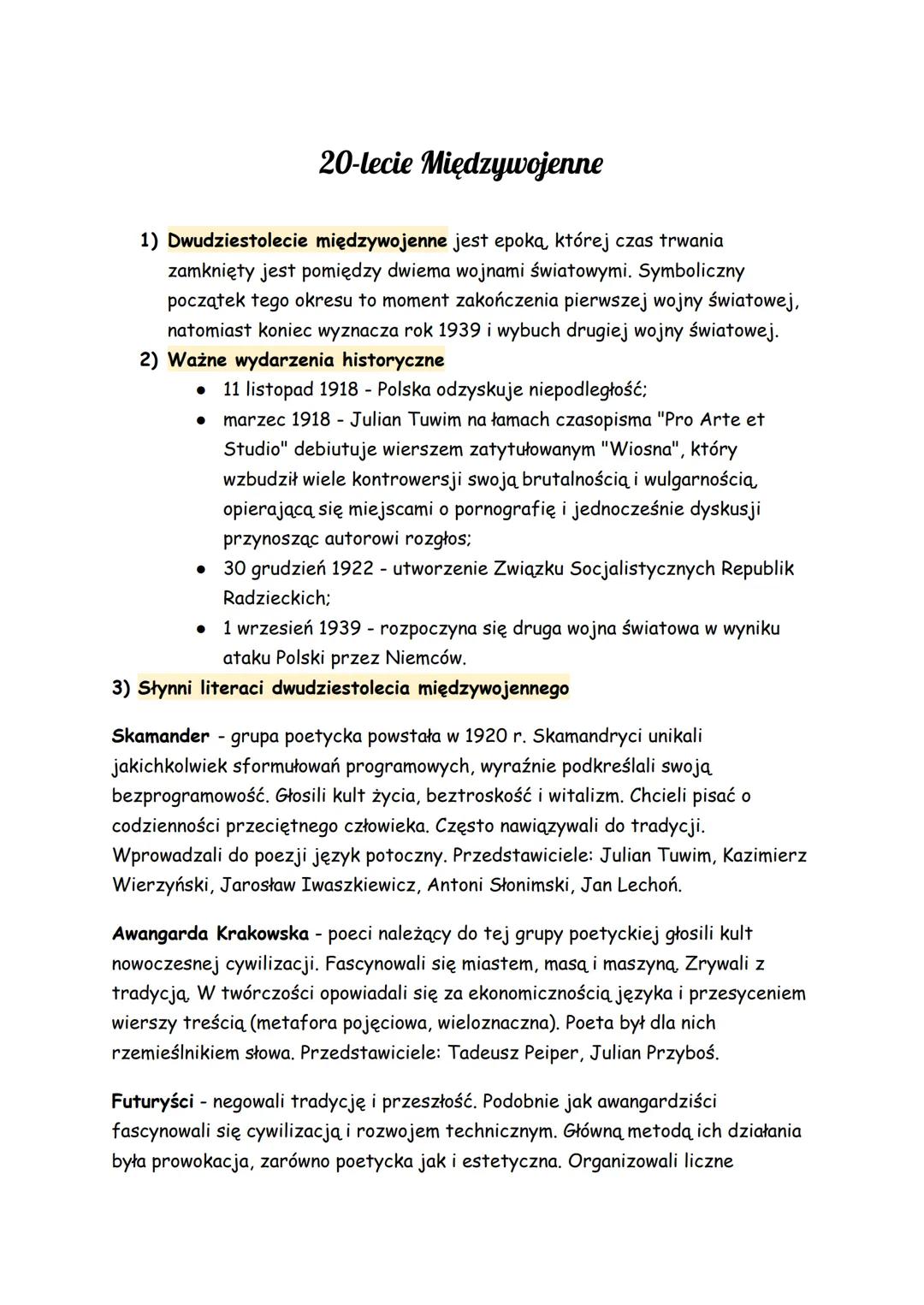 ## 20-lecie Międzywojenne

1) Dwudziestolecie międzywojenne jest epoką, której czas trwania
zamknięty jest pomiędzy dwiema wojnami światowym