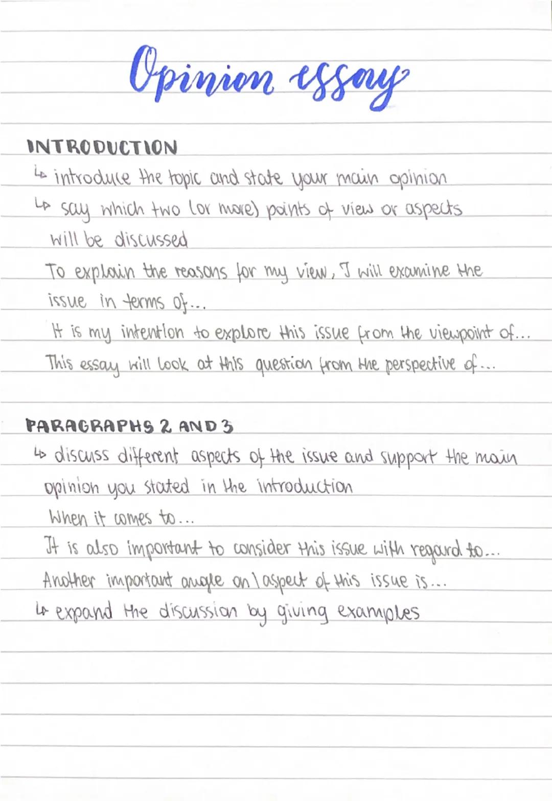 # Opinion essay

# INTRODUCTION
- to introduce the topic and state your main opinion
- to say which two (or more) points of view or aspects
