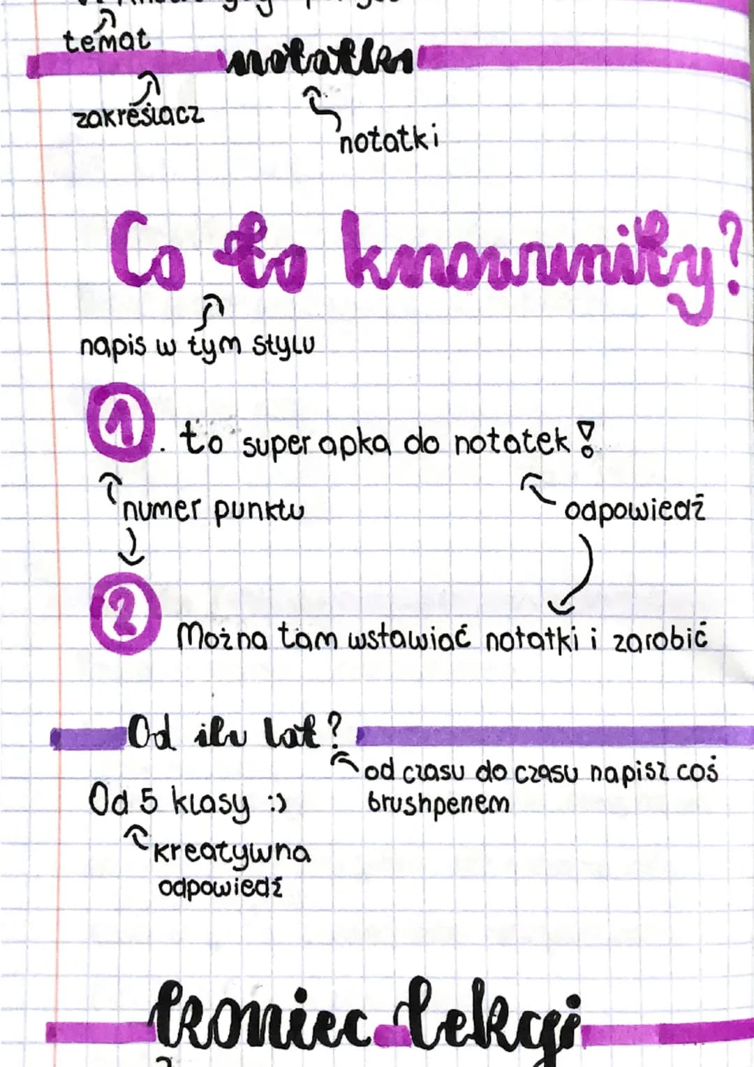 temat motatin
A
zakresiącz
Co to knowrinity?
ก
napis w tym stylu
1. to
↑numer punktu
2
2
notatki
super apka do notatek!
2
Można tam wstawiać