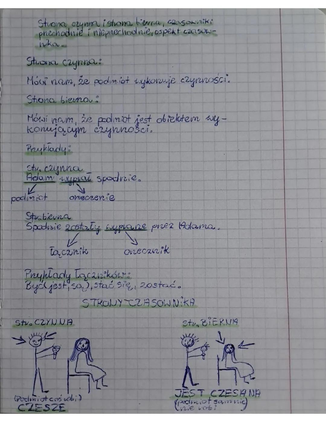 Strona czynna i bierna, czasowniki przechodnie i nieprzechodnie, aspekt czasownika - Notatka klasa 6