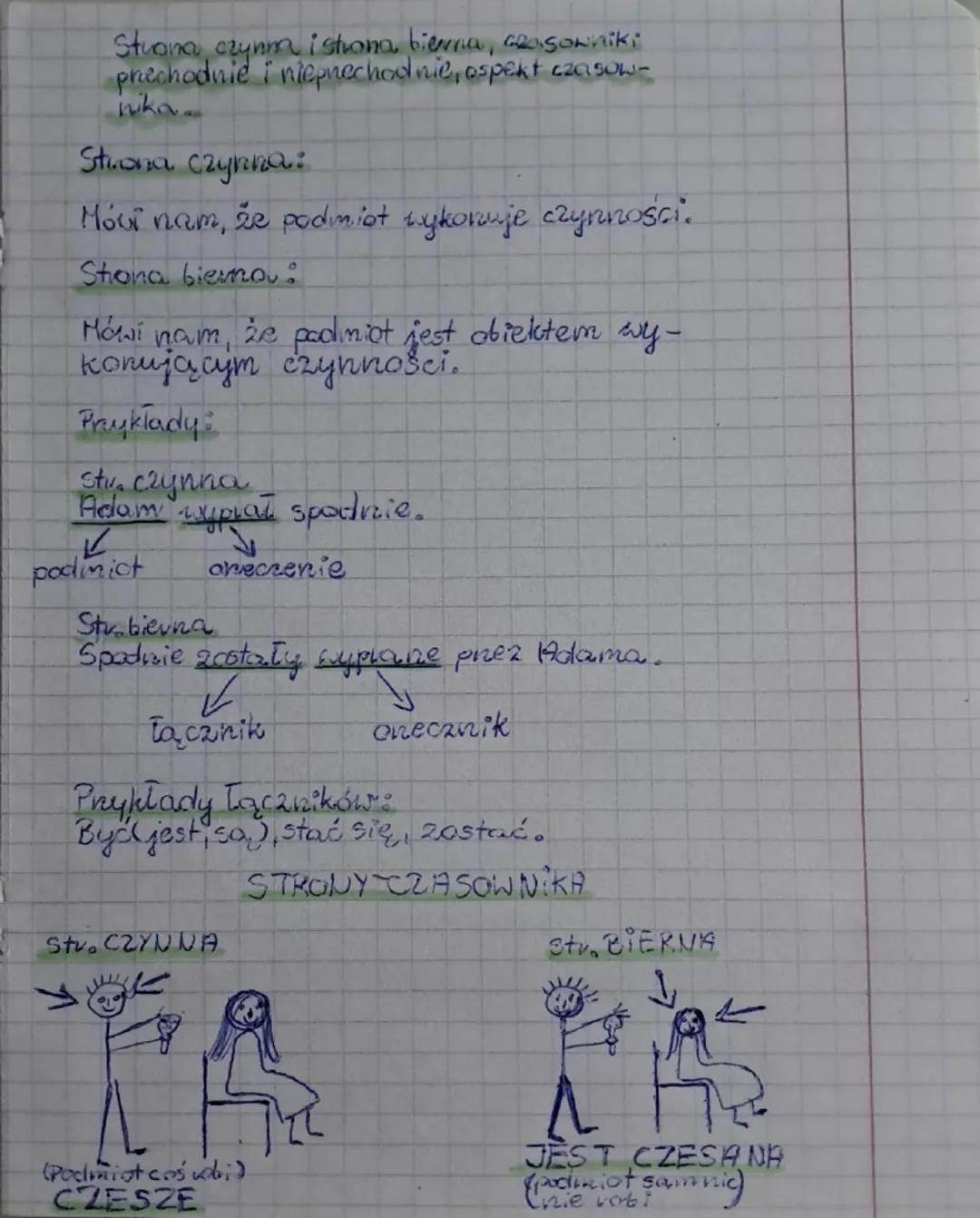 Strona czynna ishona bierna, czasowniki
prechodnie i nieprechodnie, ospekt czasow-
nikov
Strona czynna:
Mówi nam, že podmiot wykonuje czynno