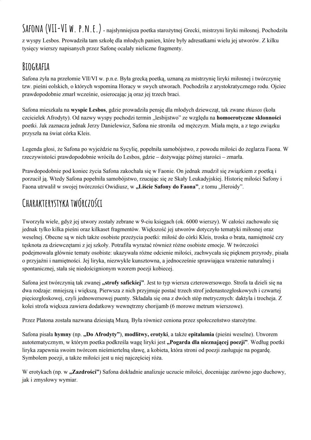 # SAFONA (VII-VI W. P.N.E.) - najsłynniejsza poetka starożytnej Grecki, mistrzyni liryki miłosnej. Pochodziła
z wyspy Lesbos. Prowadziła tam
