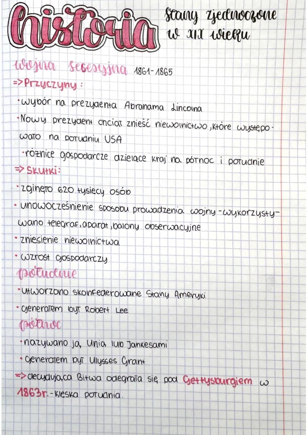 Stany Zjednoczone
гя хох wieku
historia
wijina sesesyjną 1861-1865
=> Przyczyny:
wybór na prezydenta Abranama Lincolna
•Nowy prezydent chcia