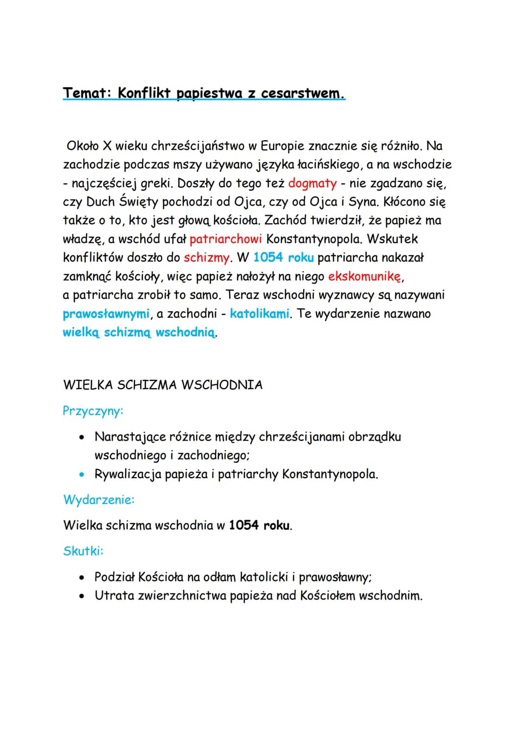 Temat: Konflikt papiestwa z cesarstwem.
Około X wieku chrześcijaństwo w Europie znacznie się różniło. Na
zachodzie podczas mszy używano języ