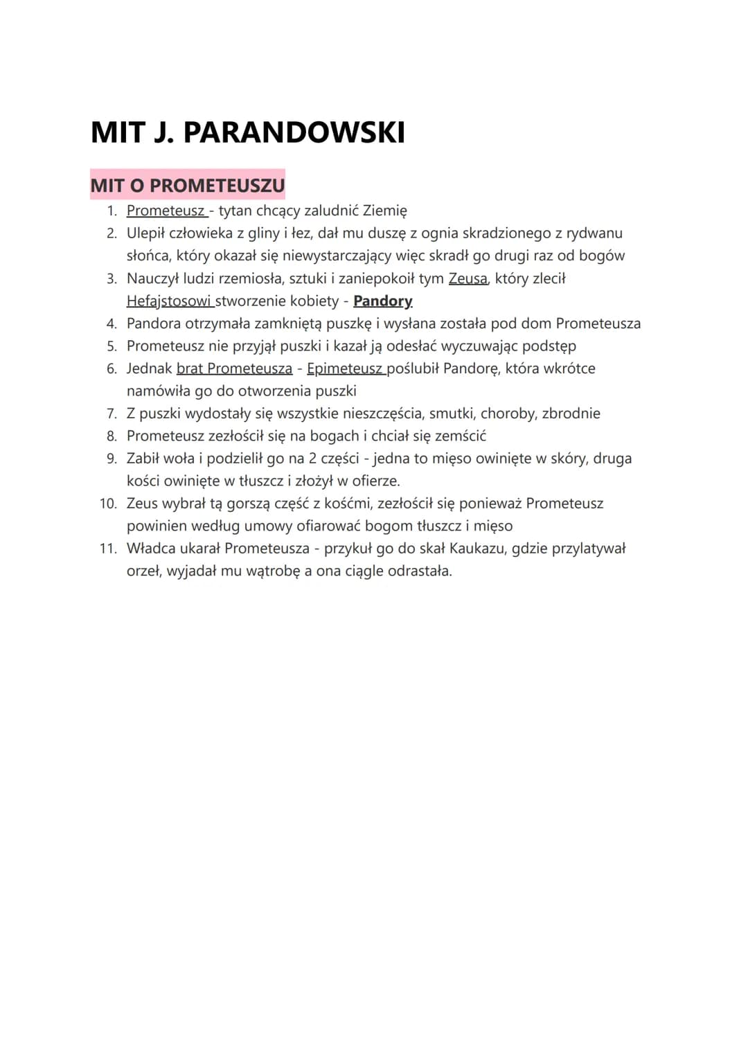 MIT J. PARANDOWSKI
MIT O PROMETEUSZU
1. Prometeusz - tytan chcący zaludnić Ziemię
2. Ulepił człowieka z gliny i łez, dał mu duszę z ognia sk