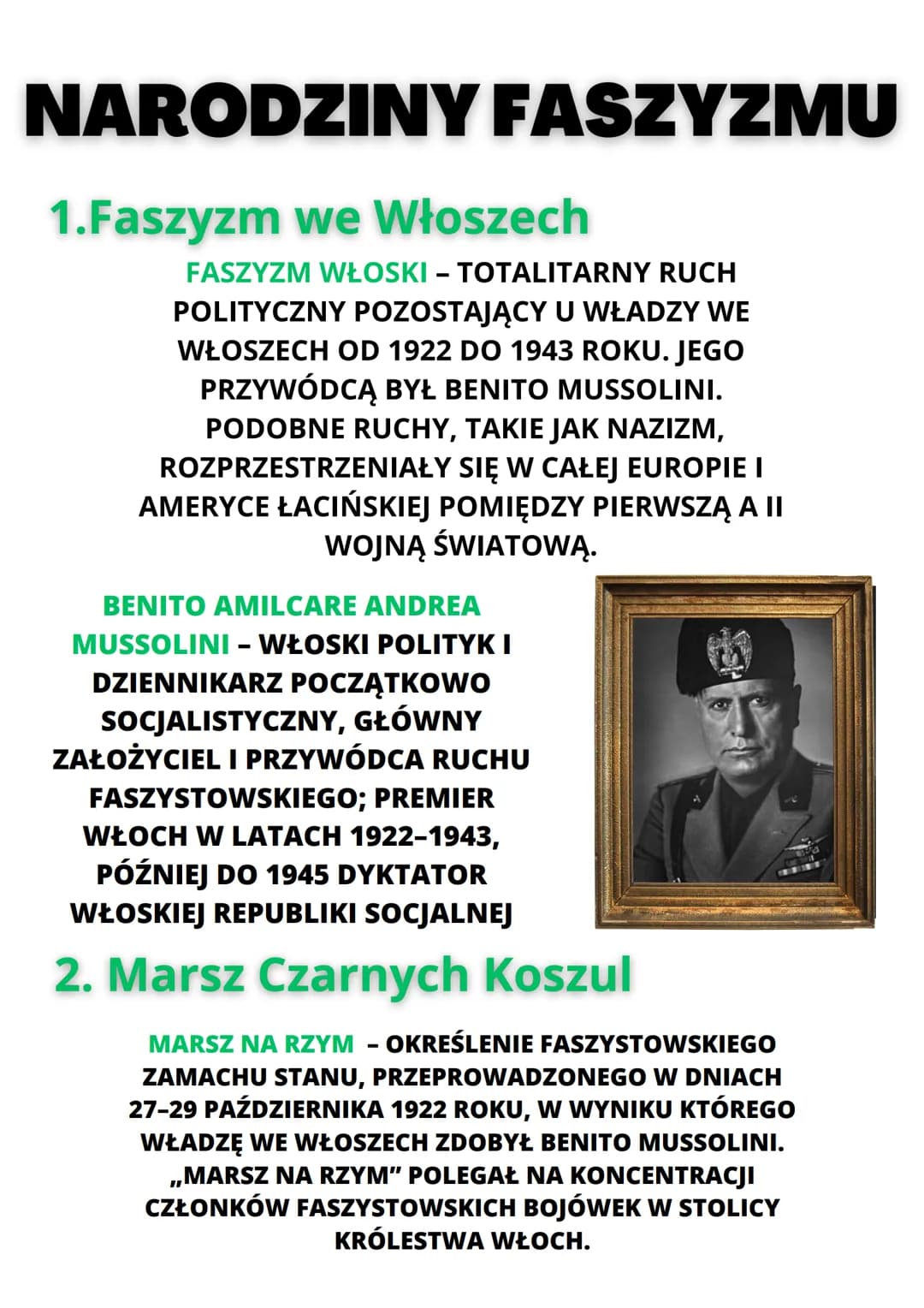 NARODZINY FASZYZMU
1.Faszyzm we Włoszech
FASZYZM WŁOSKI - TOTALITARNY RUCH
POLITYCZNY POZOSTAJĄCY U WŁADZY WE
WŁOSZECH OD 1922 DO 1943 ROKU.