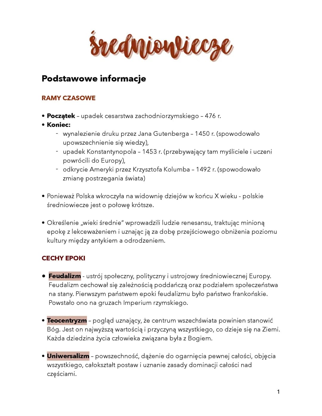 ŚREDNIOWIECZE - OPRACOWANIE MATURALNE