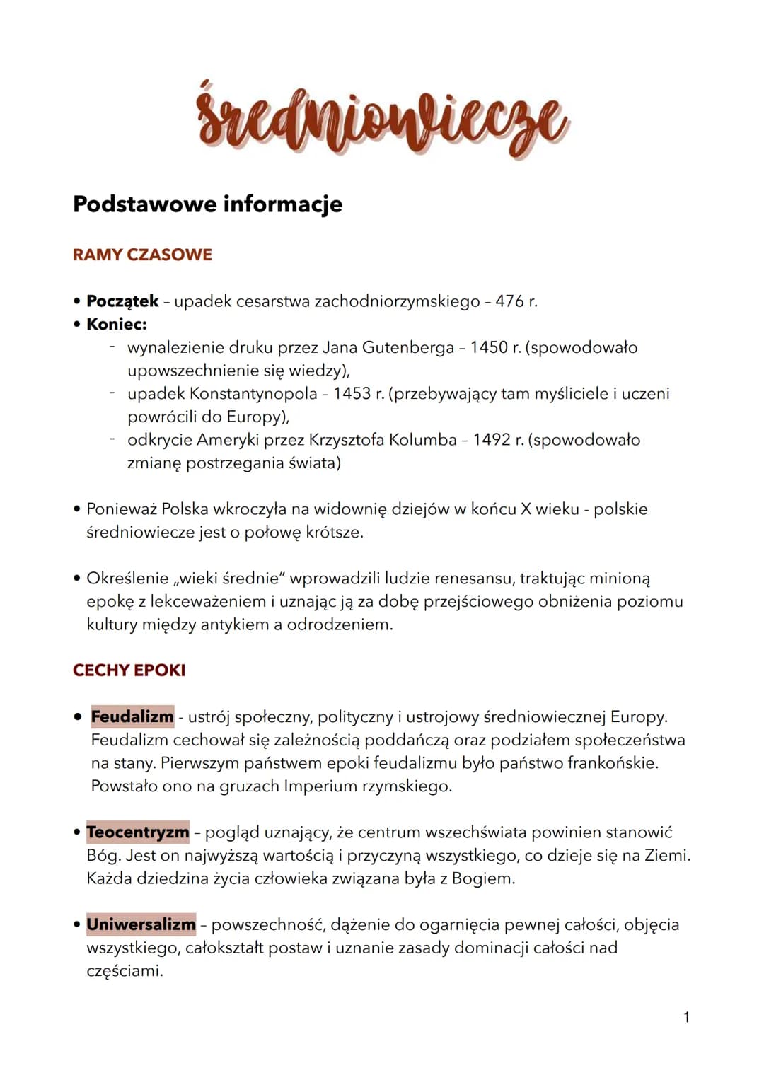 Średniowiecze
Podstawowe informacje
RAMY CZASOWE
•
Początek - upadek cesarstwa zachodniorzymskiego - 476 r.
• Koniec:
wynalezienie druku prz